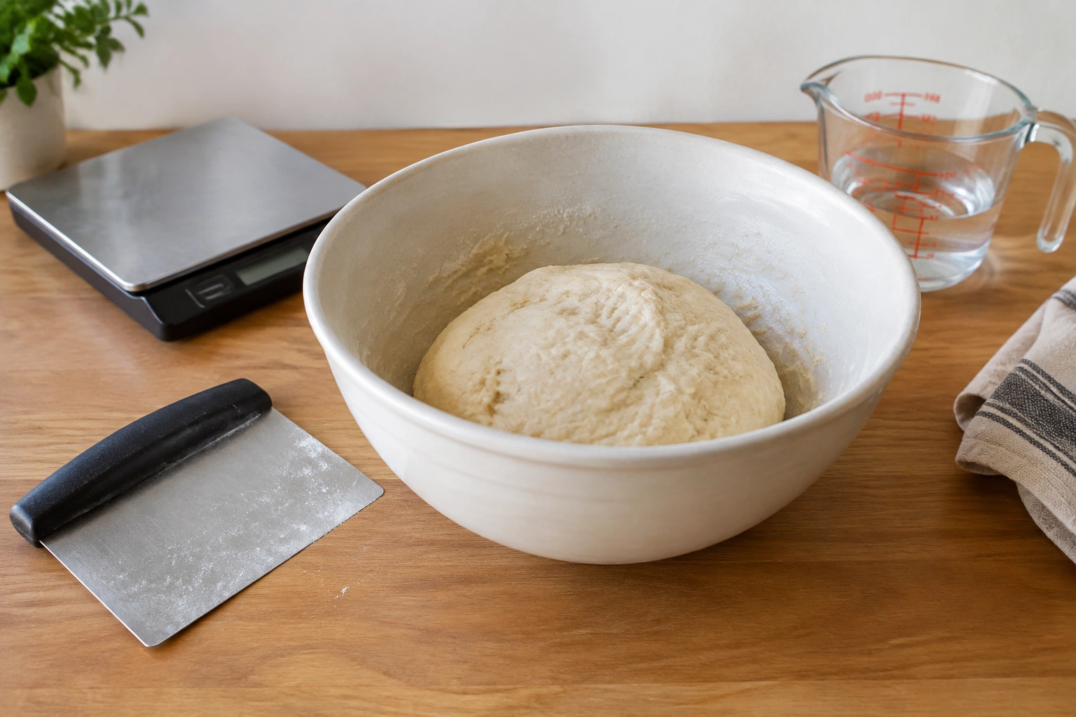 Bowl of bread dough with a bench scraper and measuring tools