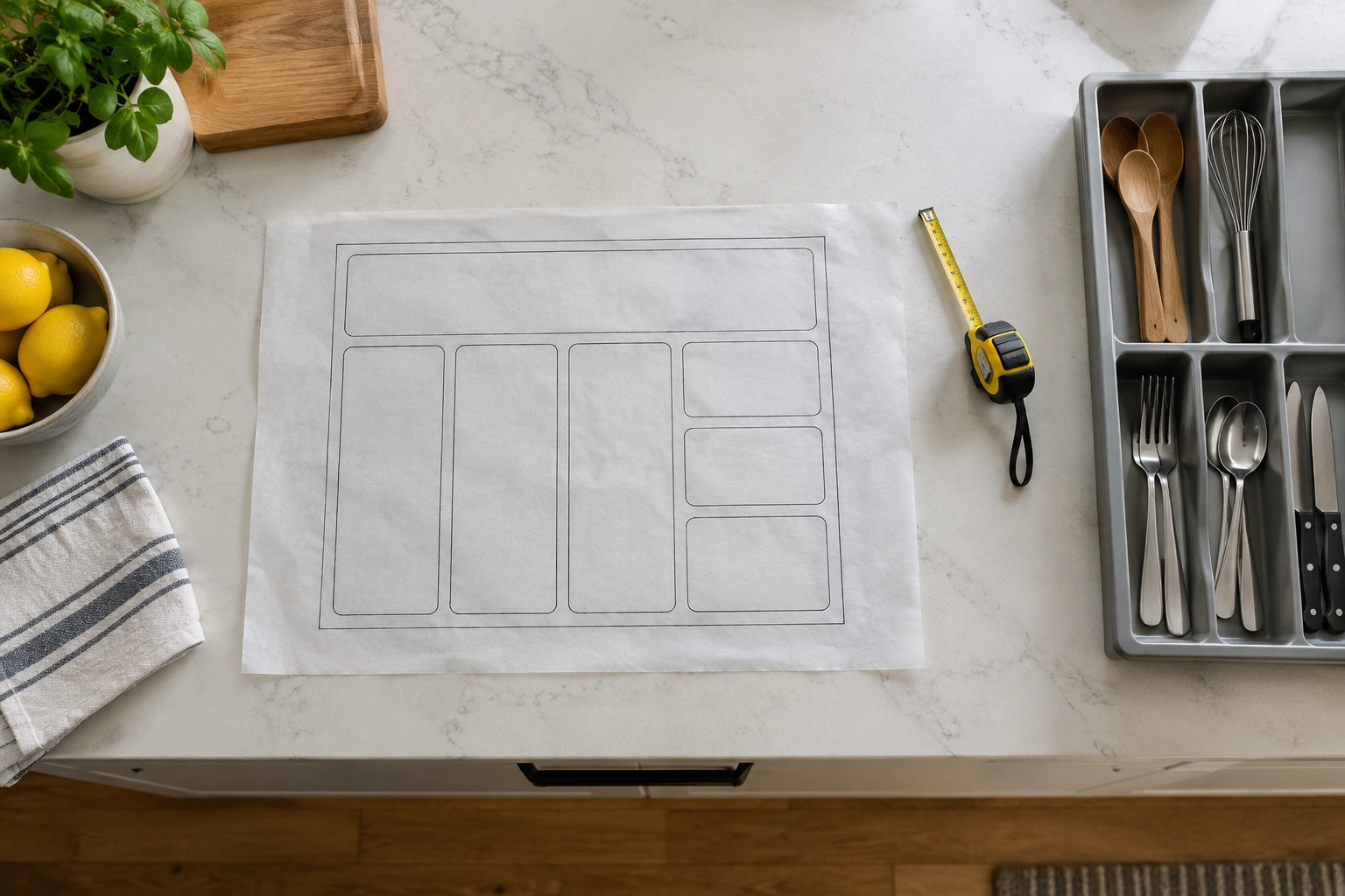 Kitchen drawer measuring template made from parchment paper beside a tape measure and organizer tray