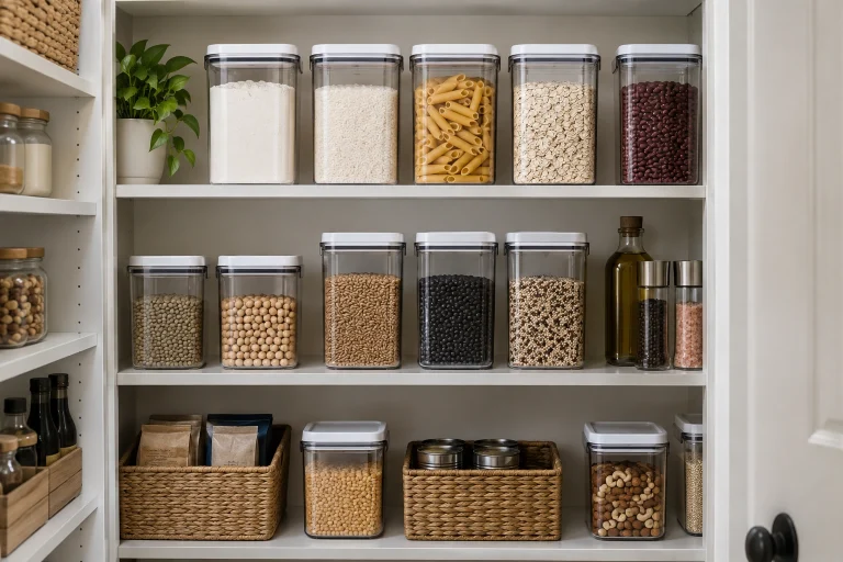 Labeled airtight containers of dry pantry staples on shelving