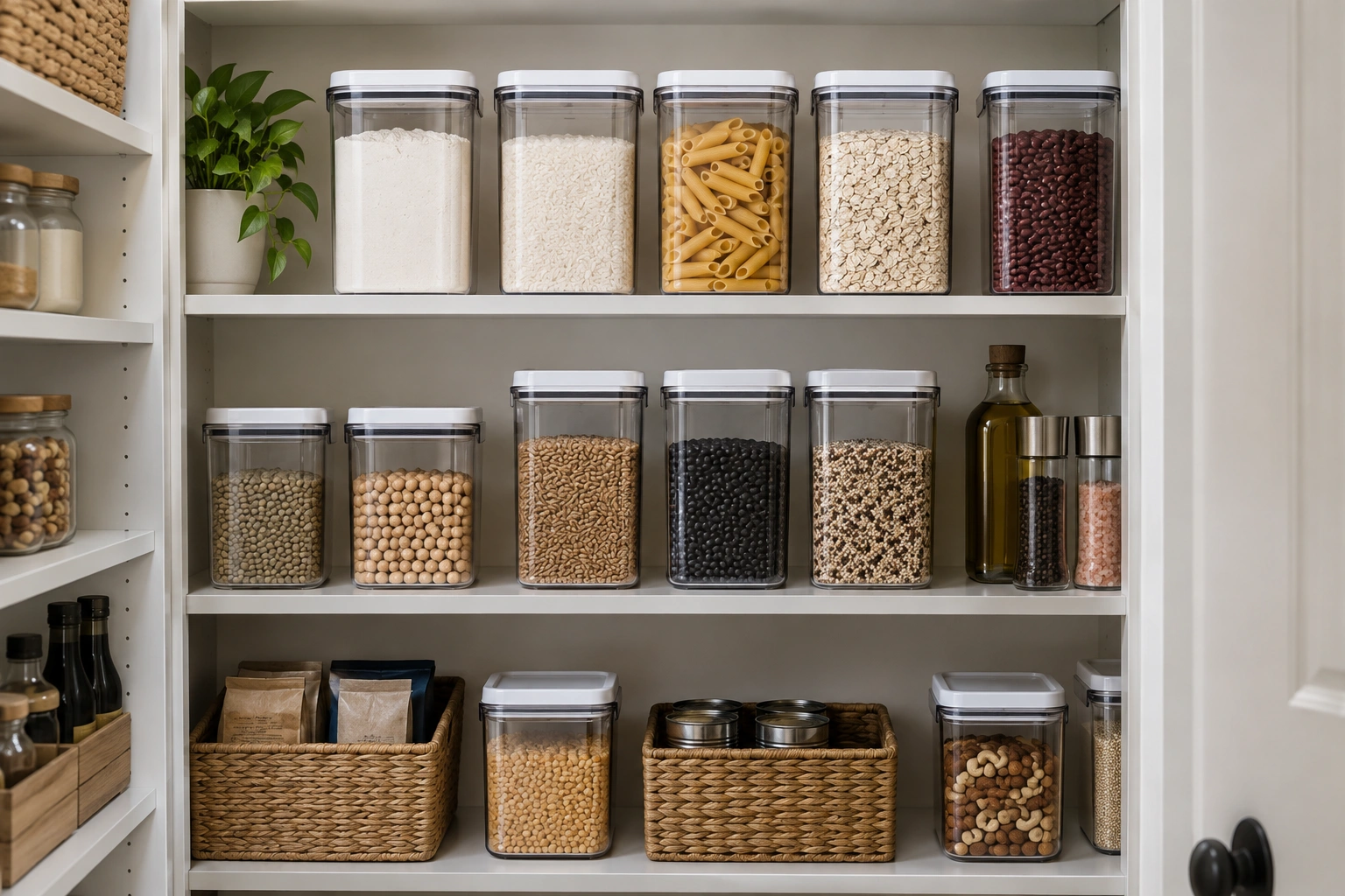Labeled airtight containers of dry pantry staples on shelving