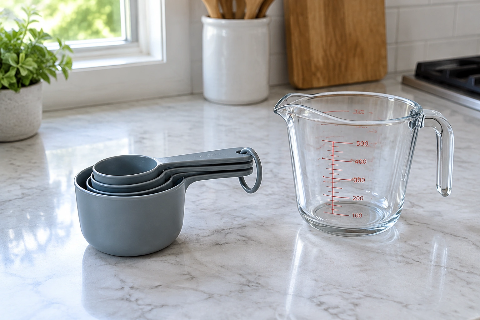Two measuring cups on a kitchen counter showing different shapes for dry and liquid ingredients