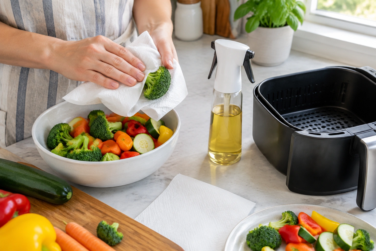 Hands patting dry vegetables before air frying with a light oil spray nearby