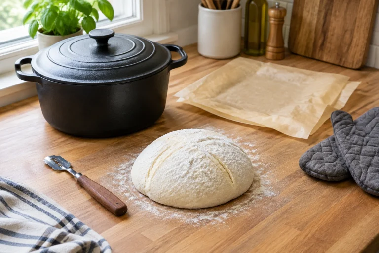 Dutch oven, parchment paper, and bread baking tools on a counter