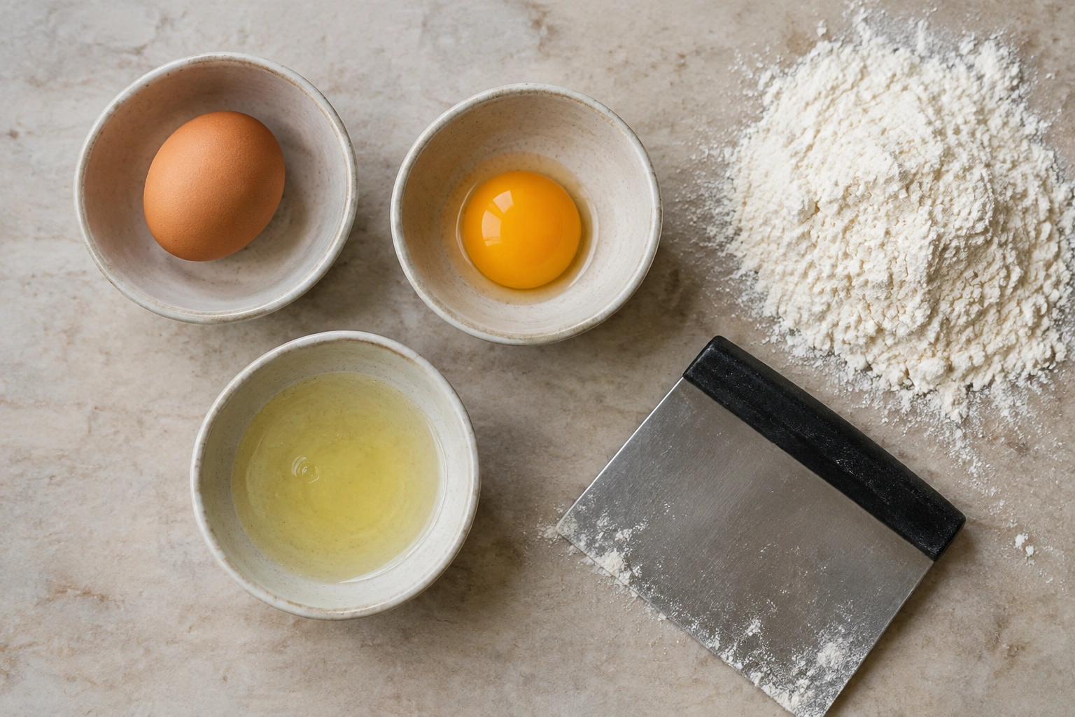 Three small bowls with whole egg, yolk, and white beside bread dough tools