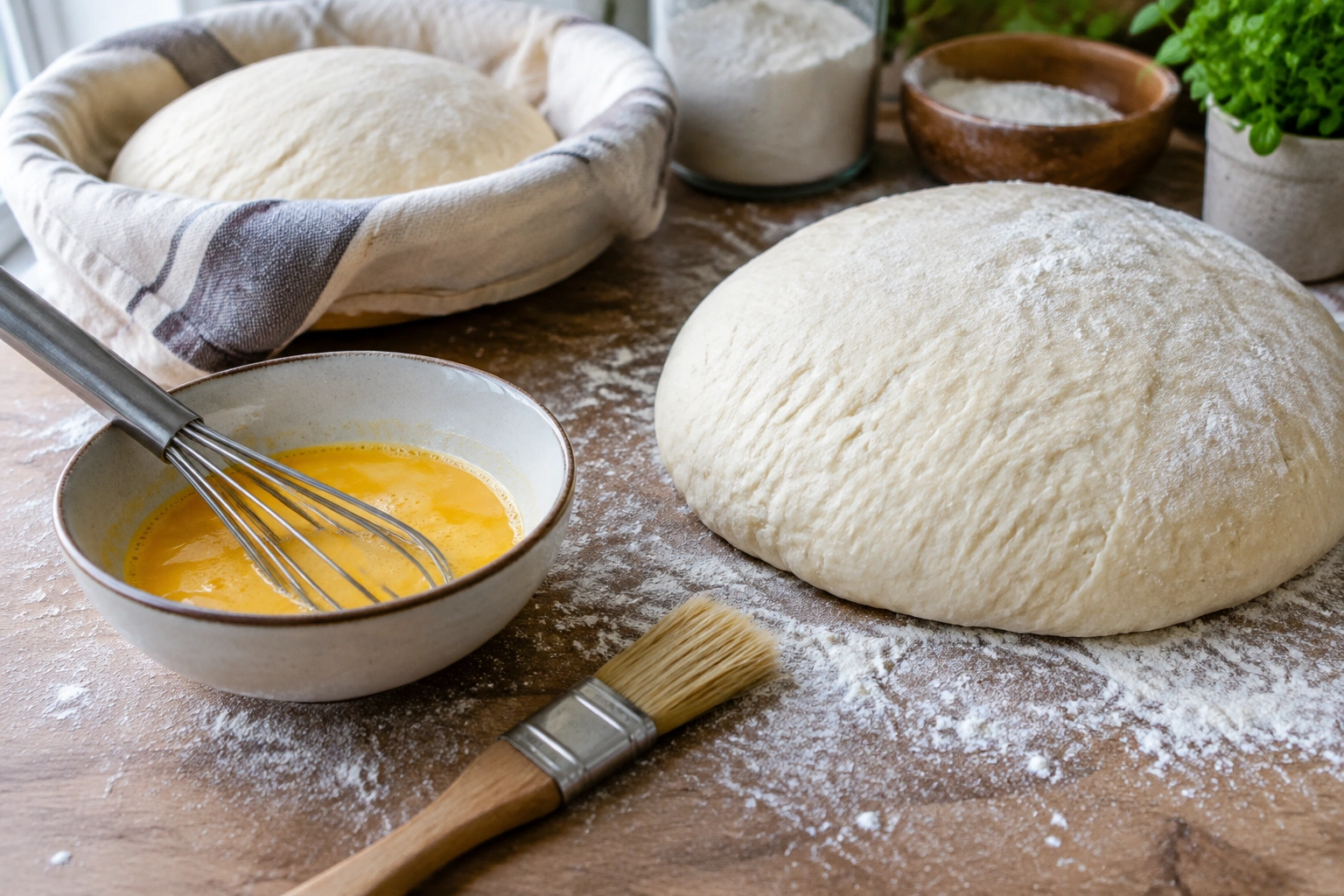 Small bowl with beaten egg wash, whisk, and pastry brush beside proofed bread dough