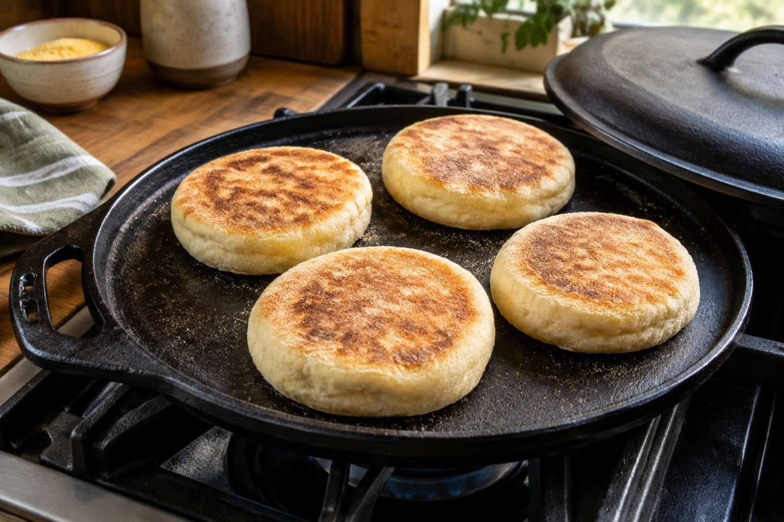English muffins cooking slowly on a cast-iron griddle