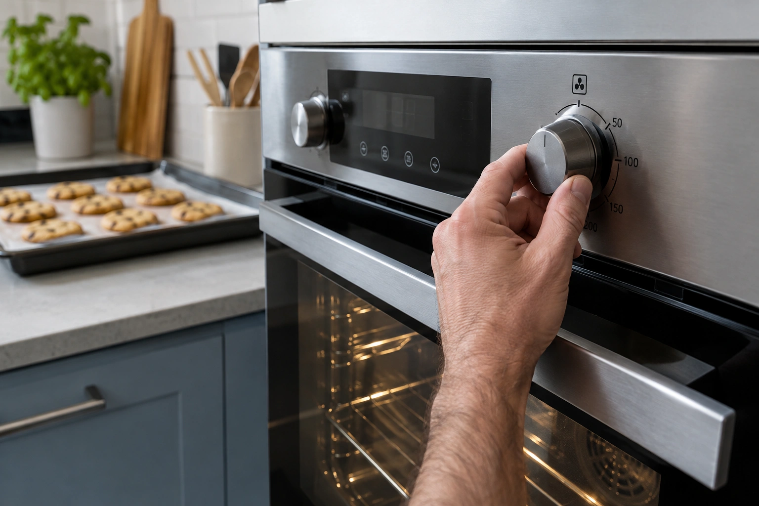 Kitchen oven dial set to a lower fan oven temperature for baking