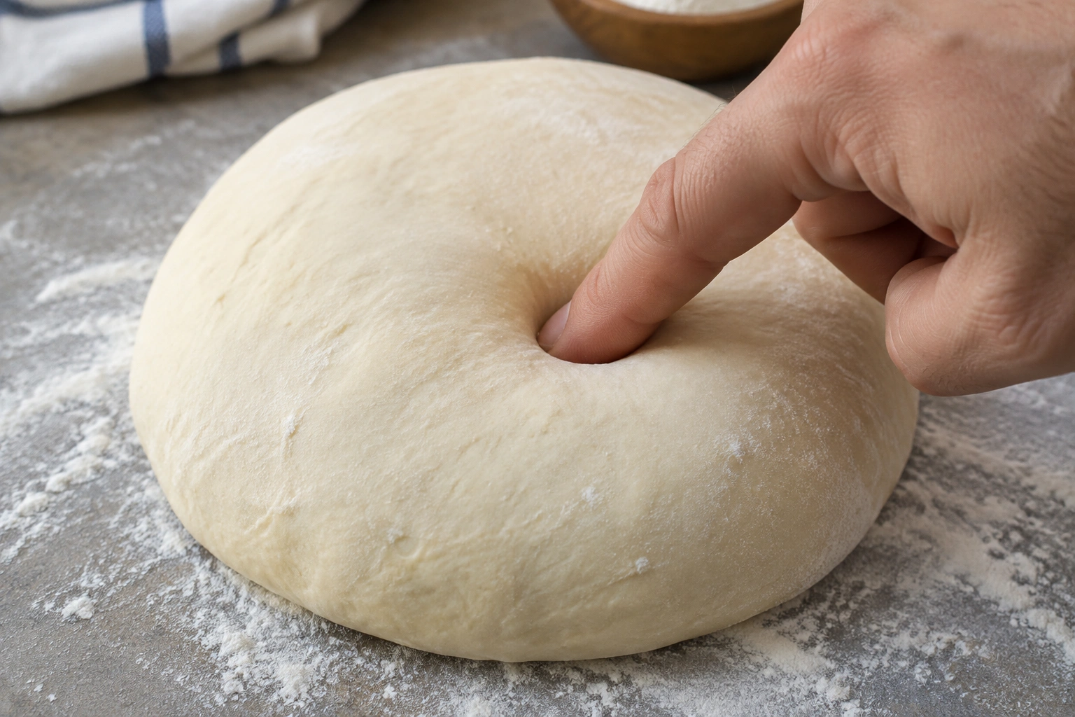Close-up of proofed bread dough being gently tested with a fingertip