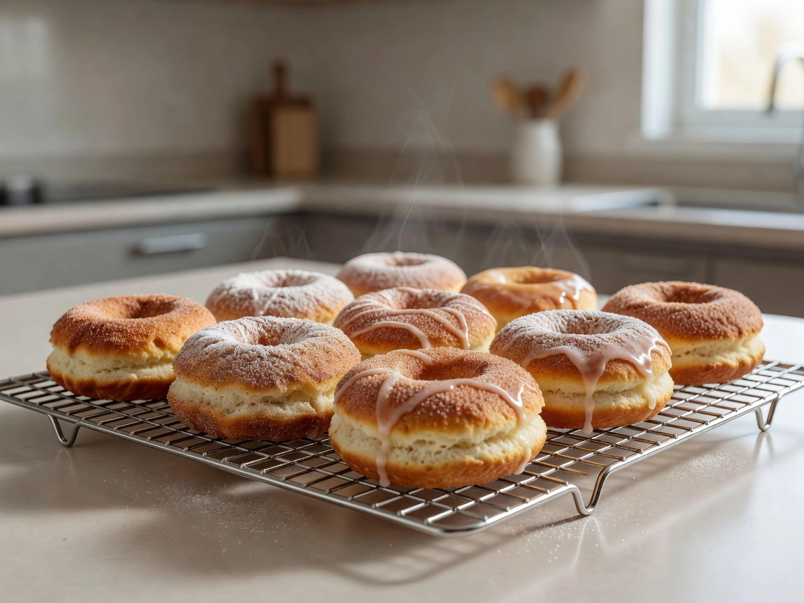 Finished air fryer biscuit dough donuts with cinnamon sugar and glaze on a cooling rack