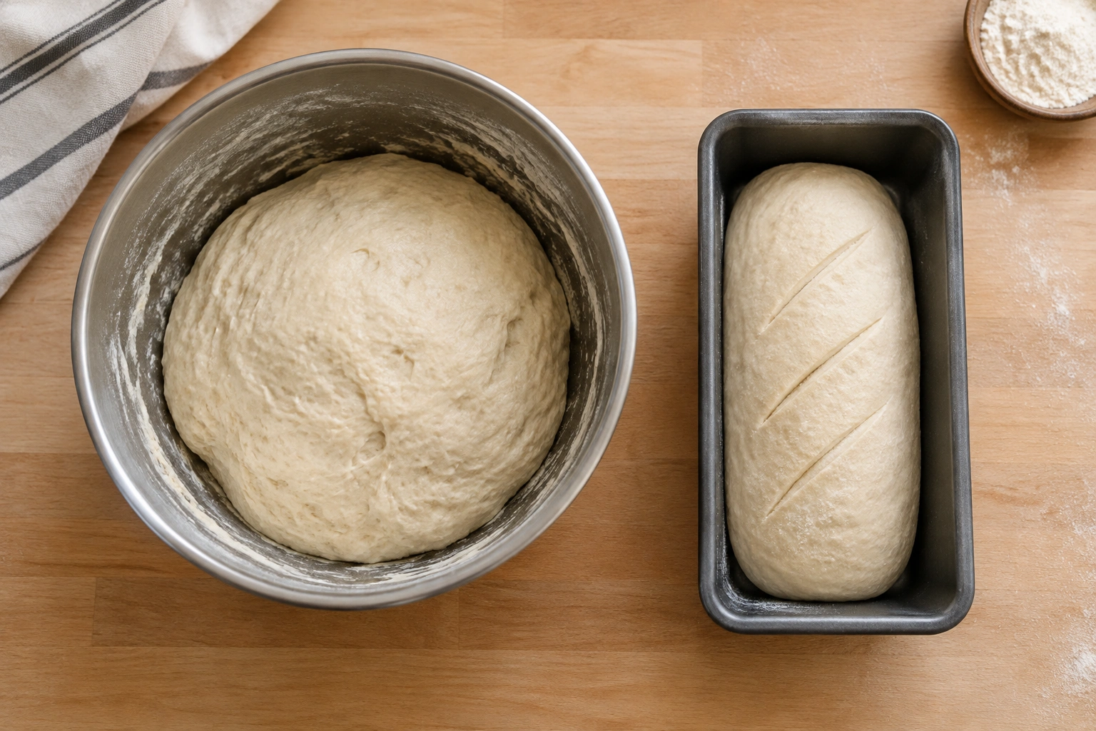 Bread dough in a bowl beside a shaped loaf pan
