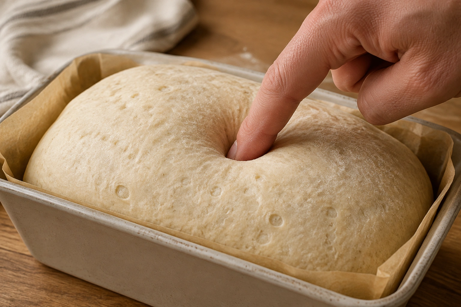 Close-up of a proofed bread loaf with a finger gently touching the dough surface