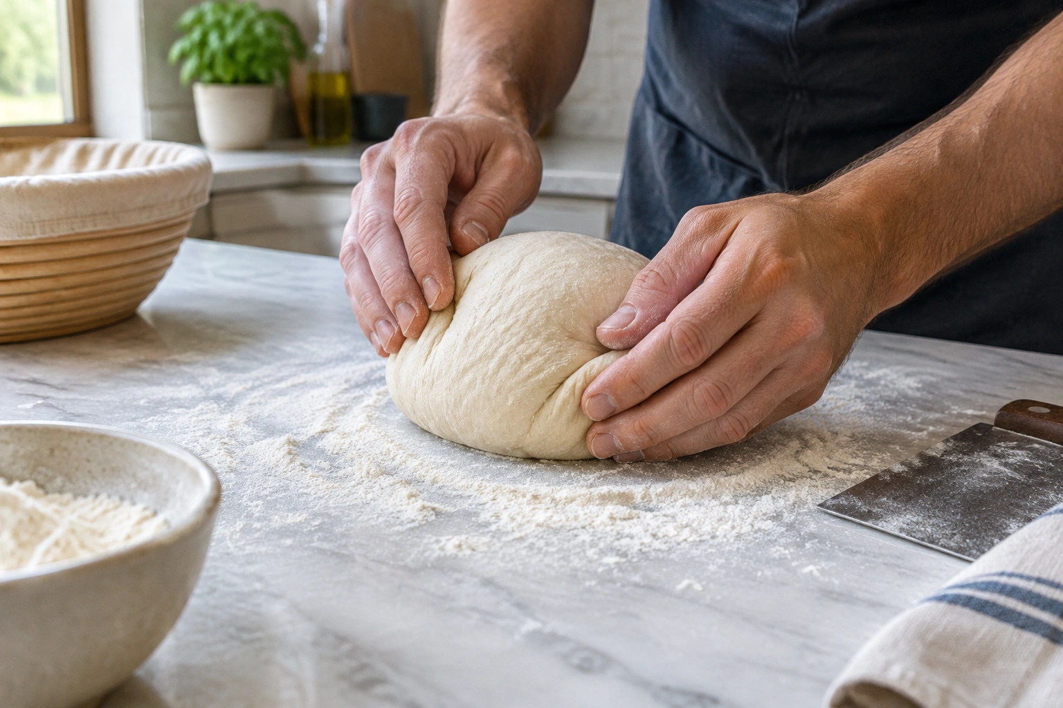Hands shaping dough on a floured counter