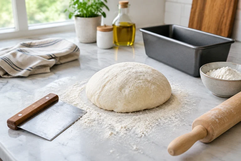 Bench scraper, flour, and dough on a work surface