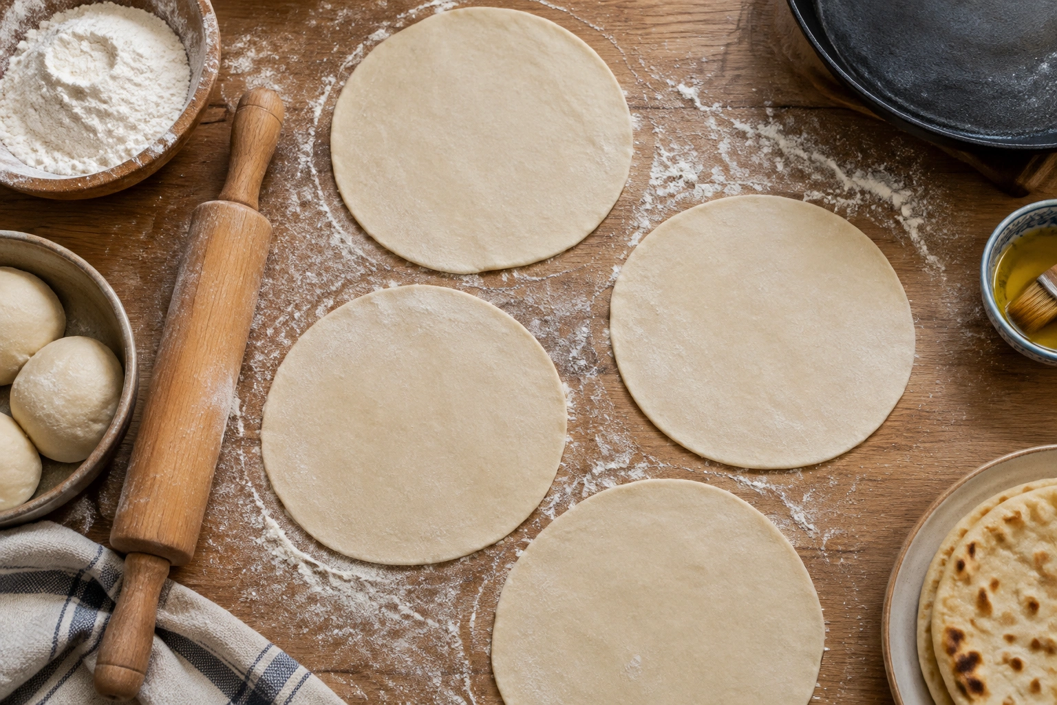 Rolled flatbread dough rounds on a floured board