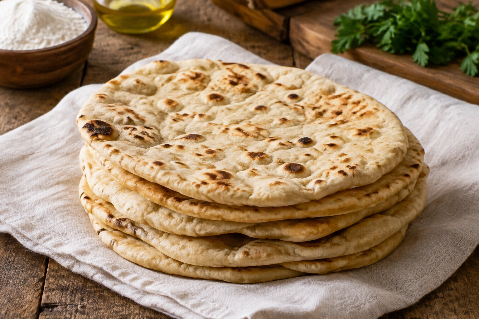 Stack of soft homemade flatbread on a cloth