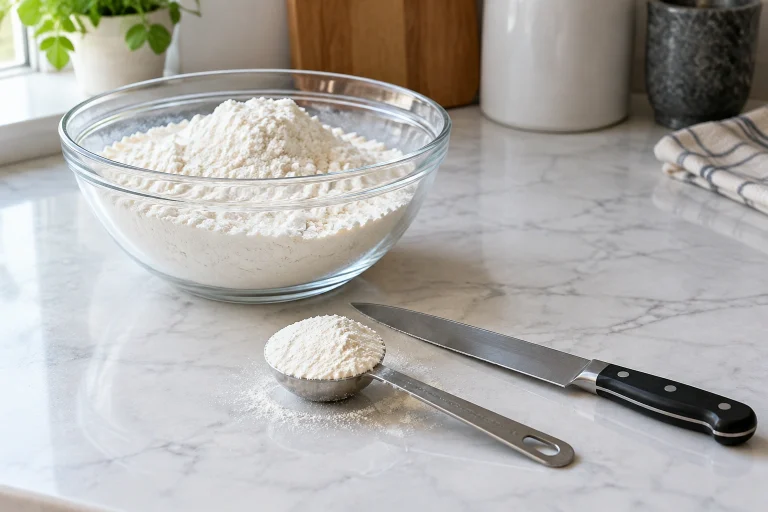 Bowl of flour with a tablespoon and knife for leveling