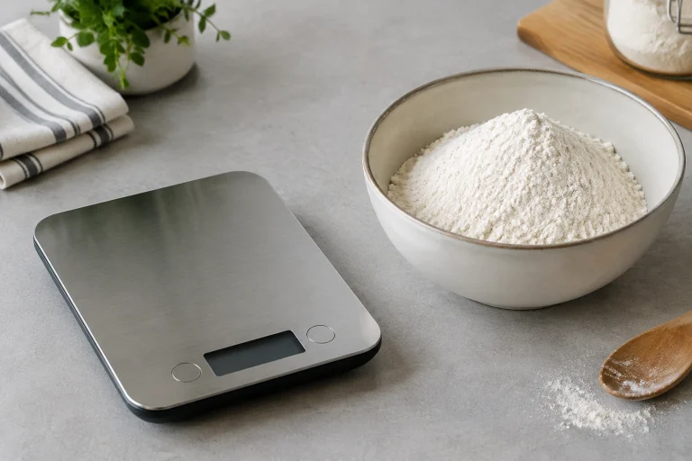 Digital kitchen scale beside a bowl of flour