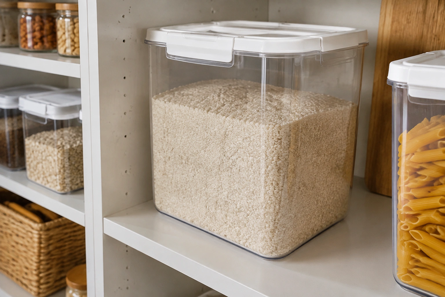 Clear food-safe pantry container for storing bulk flour