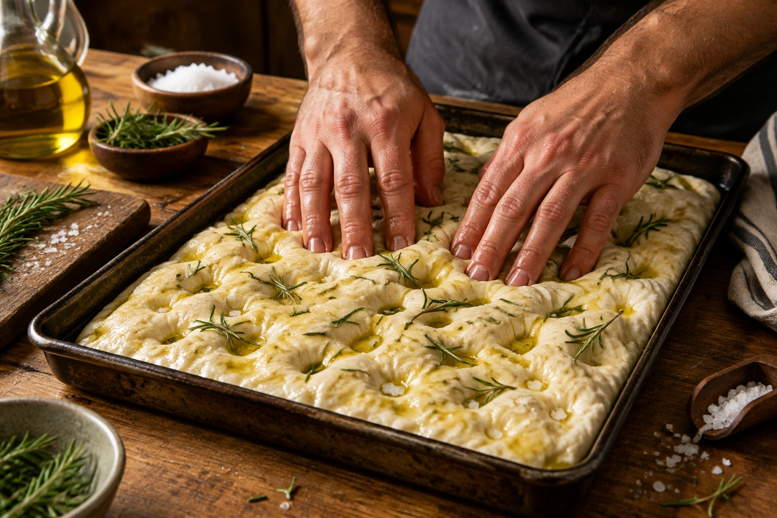 Hands dimpling focaccia dough in an oiled pan with rosemary and flaky salt