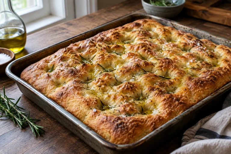 Freshly baked focaccia bread in a rimmed pan with golden top and visible dimples