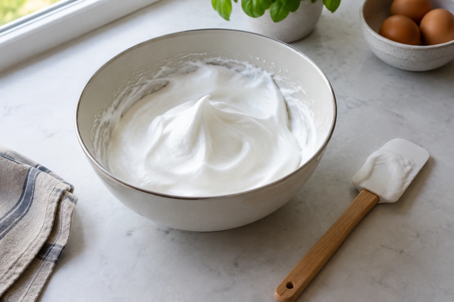 Large mixing bowl with whipped egg whites and a rubber spatula on a countertop