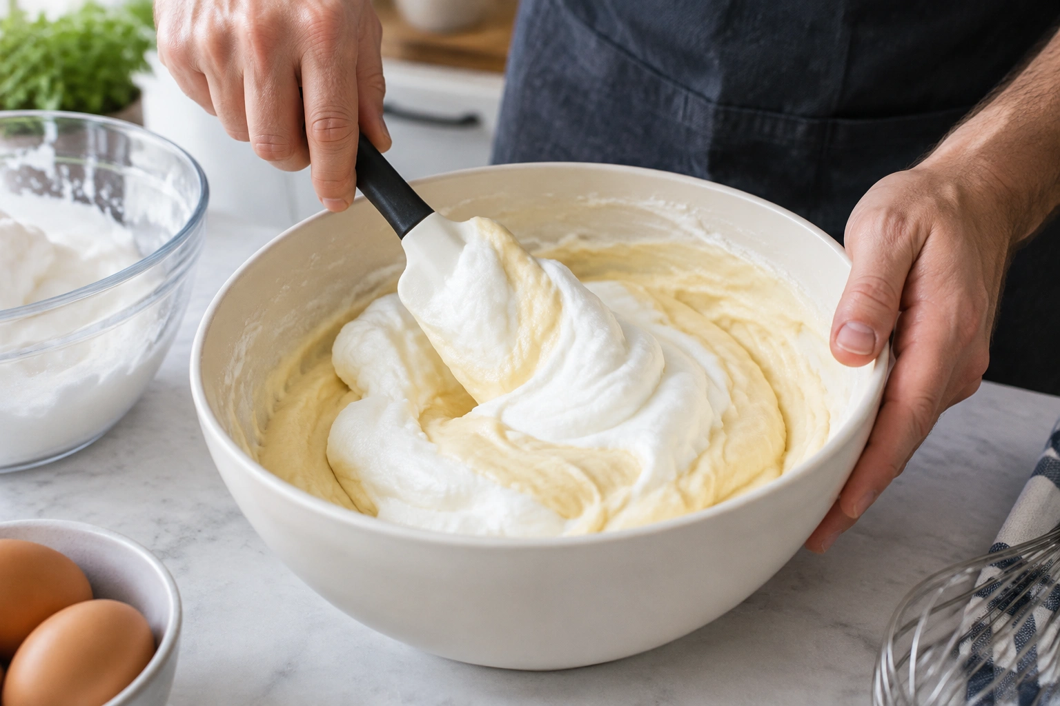 Close-up of a hand using a spatula to fold whipped egg whites into cake batter in a large bowl