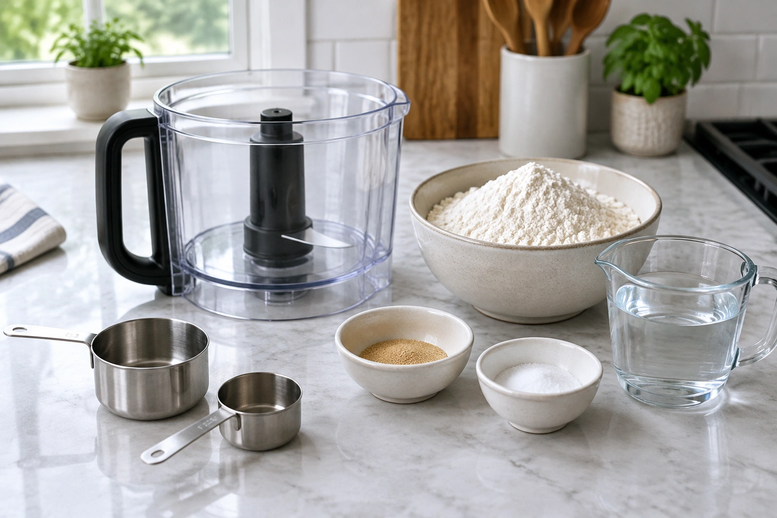 Food processor bowl with bread dough ingredients ready nearby