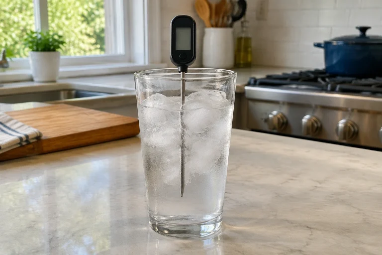 A food thermometer in a glass of ice water for an accuracy test