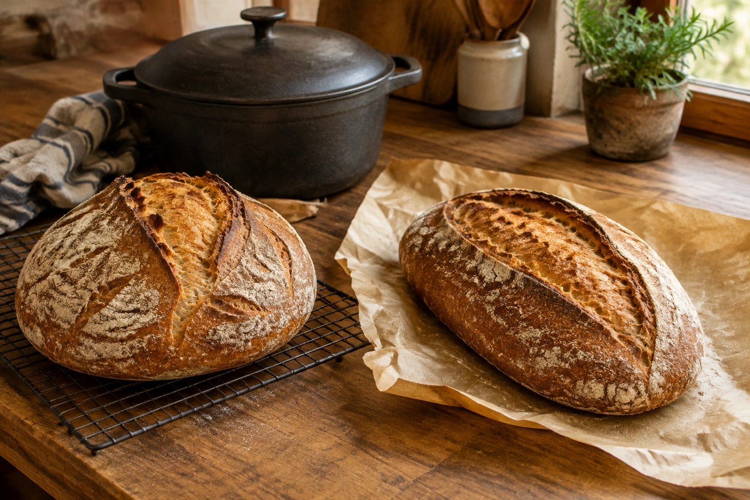 Rustic free-form boule and batard bread on a wooden board with Dutch oven nearby