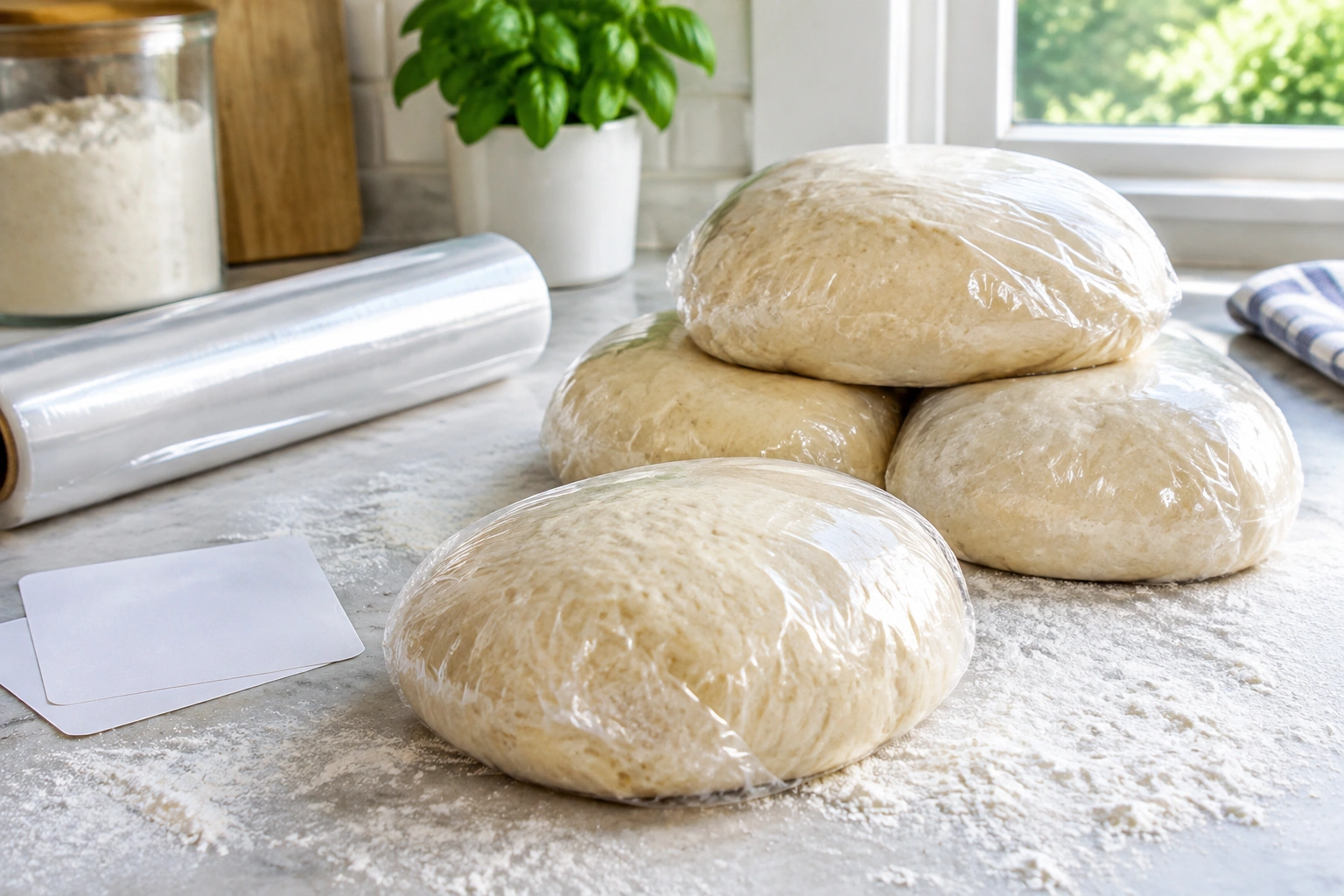 Wrapped bread dough on a floured surface ready to freeze