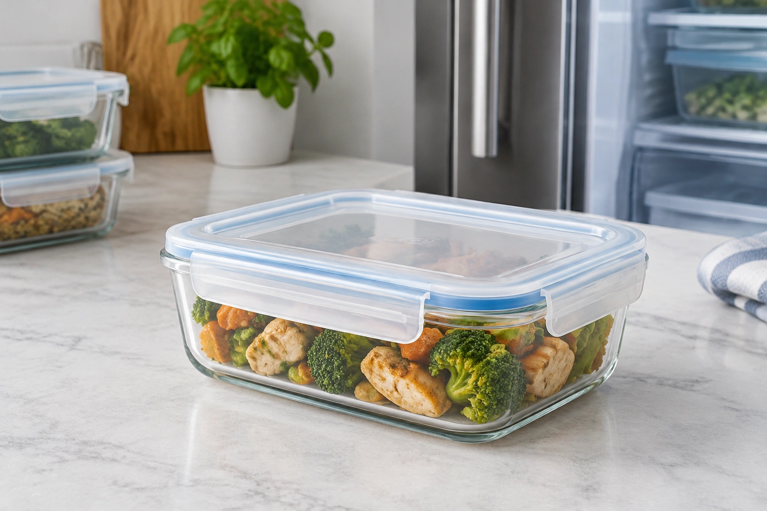 A glass meal prep container with a plastic lid beside frozen food storage items