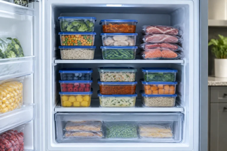 Stack of freezer-safe food containers in a home freezer