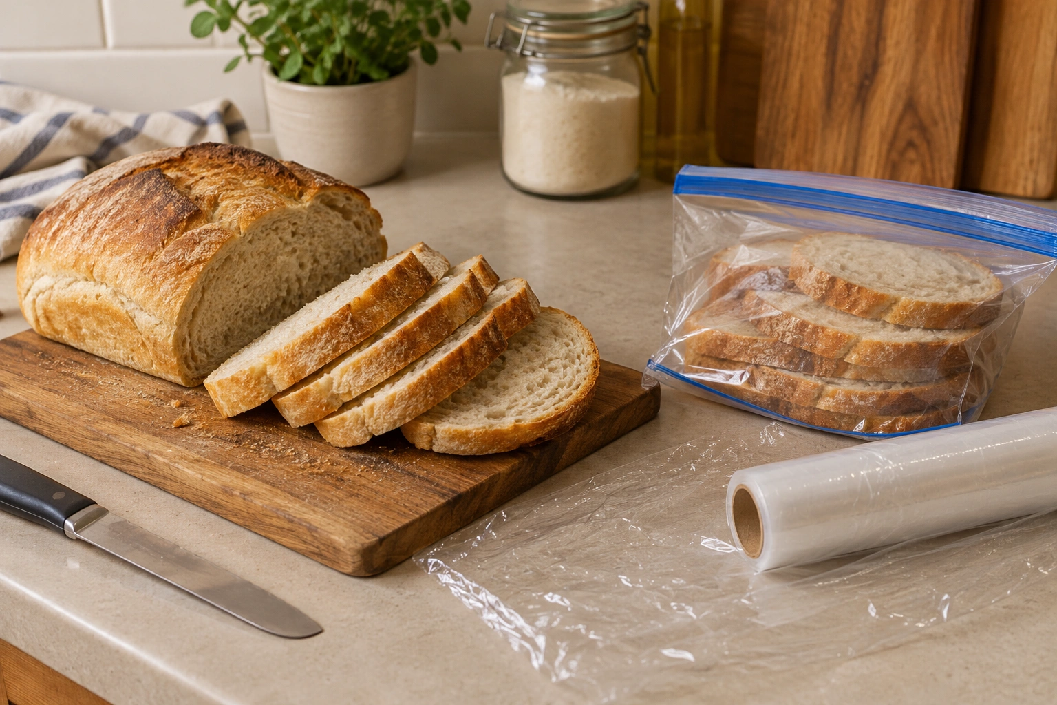 Sliced homemade bread wrapped for freezing on a countertop