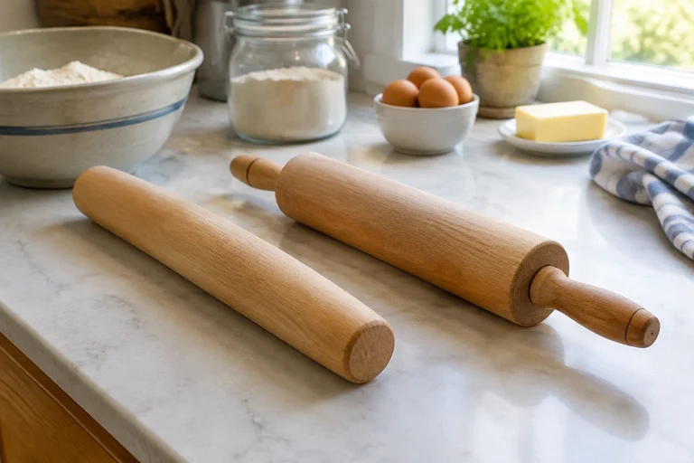 Side by side wooden French rolling pin and handled traditional rolling pin on a kitchen counter