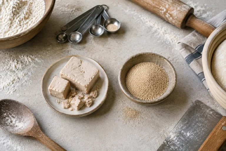Side-by-side comparison of fresh yeast and dry yeast on a baking surface