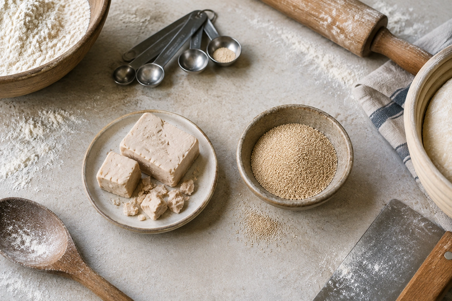 Side-by-side comparison of fresh yeast and dry yeast on a baking surface