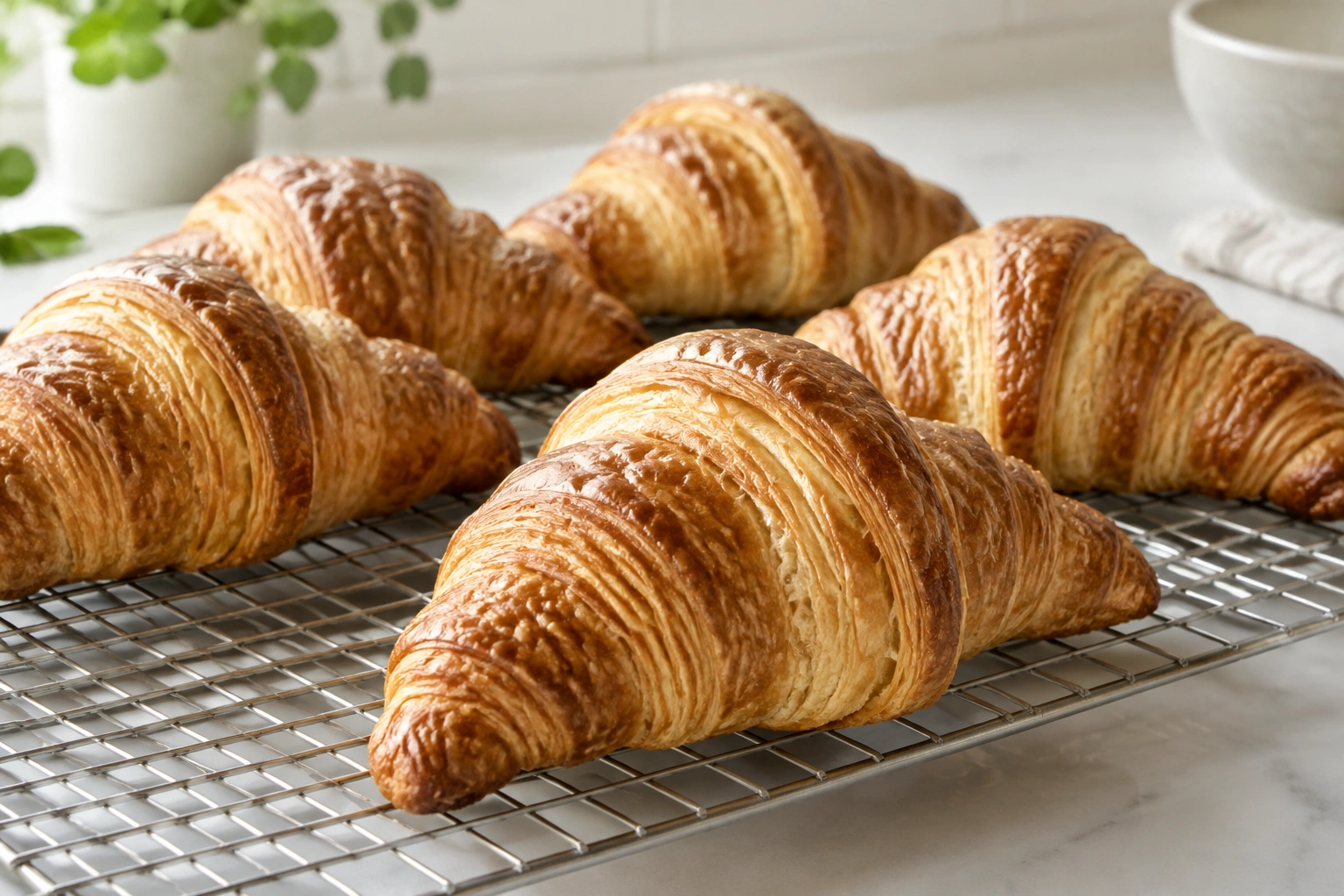 Croissants cooling on a wire rack after baking