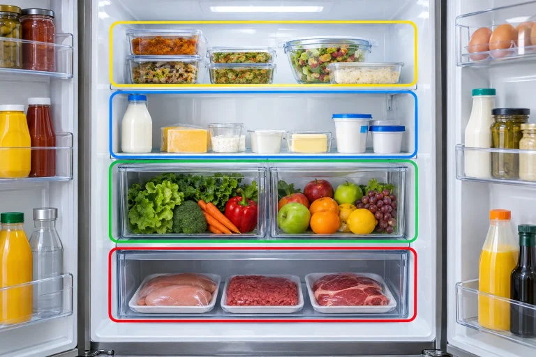 Diagram of a refrigerator organized by food safety zones with raw meat on the bottom shelf and leftovers on the top shelf