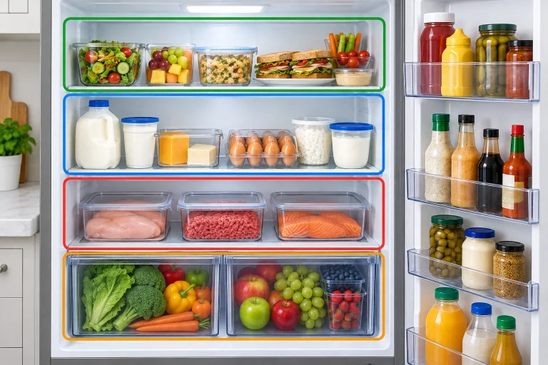 Diagram of fridge shelves, drawers, and door showing where common foods belong