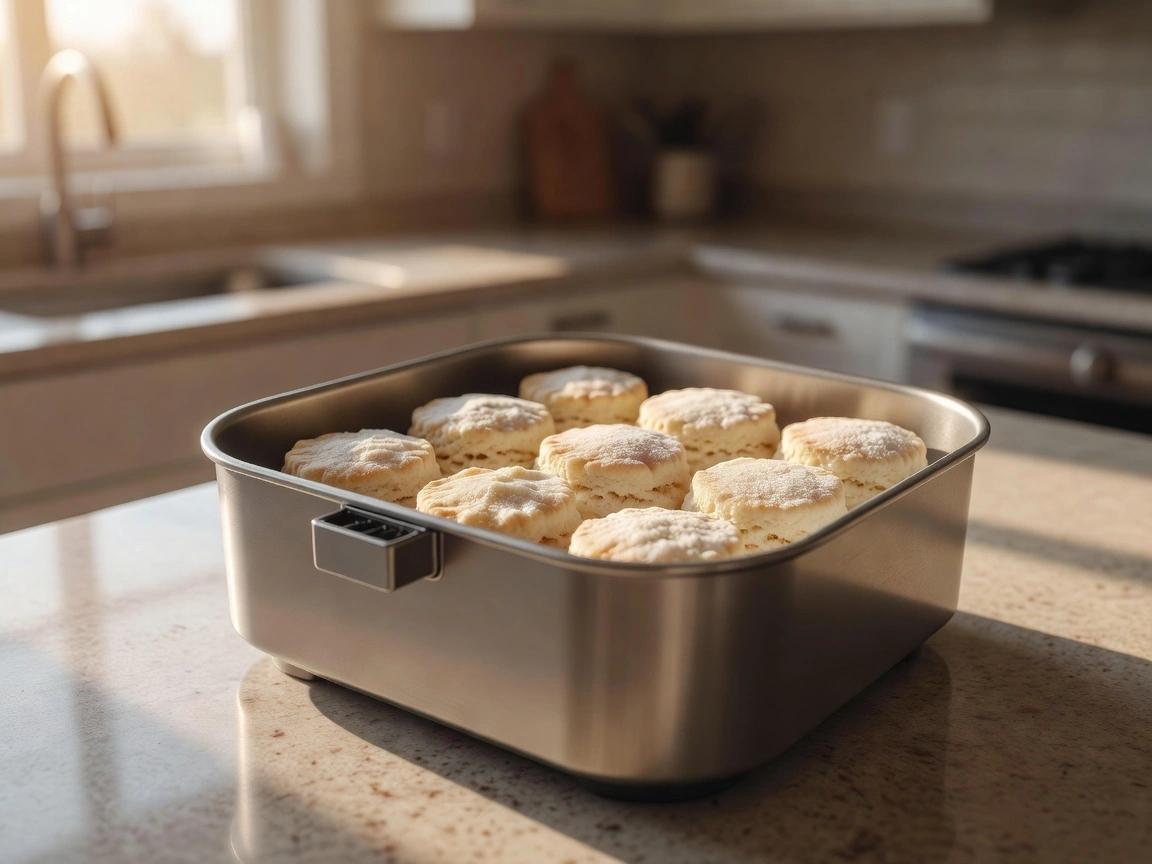 Frozen biscuits in a single layer inside an air fryer basket