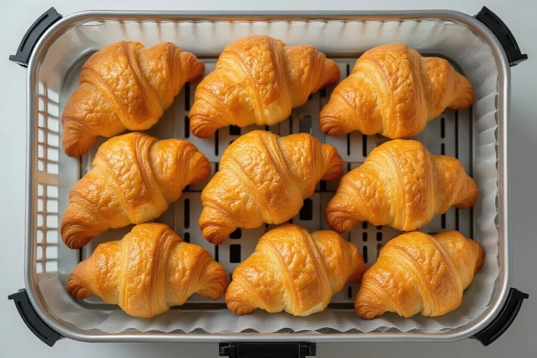 Frozen croissants arranged in a single layer in an air fryer basket
