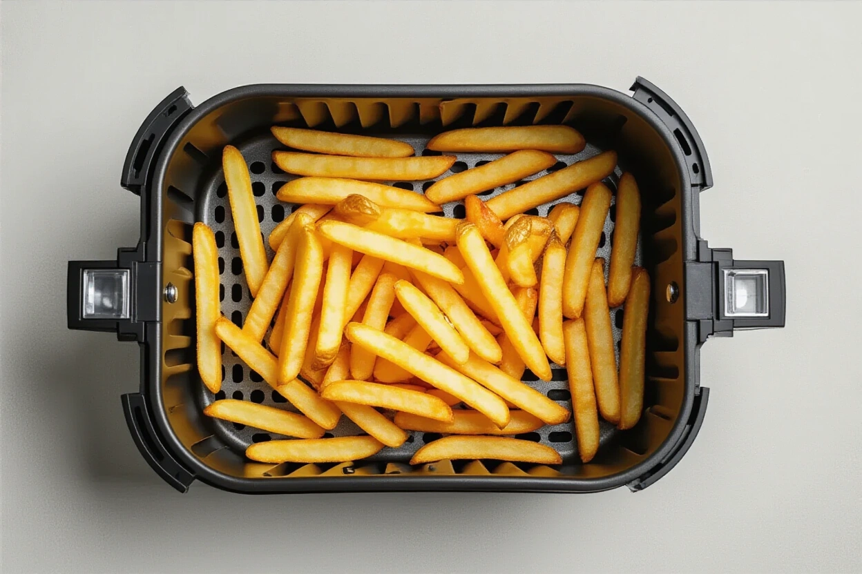 Frozen fries spread in an air fryer basket with space between pieces