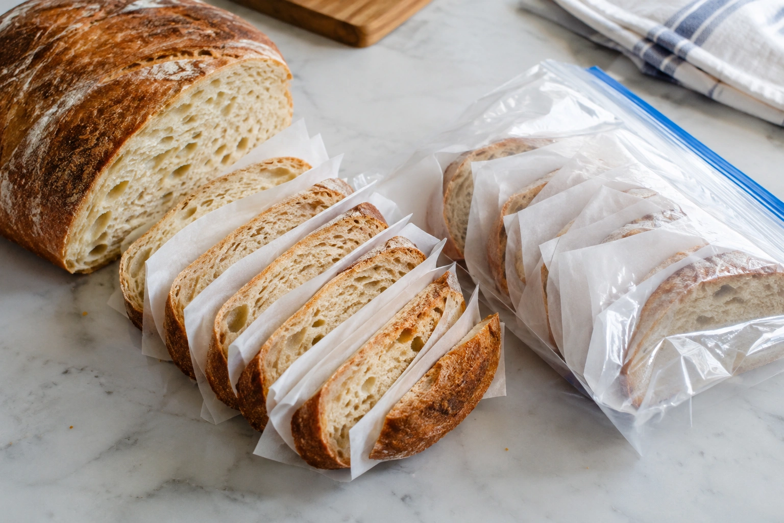 Sliced homemade bread in a freezer bag with parchment between slices