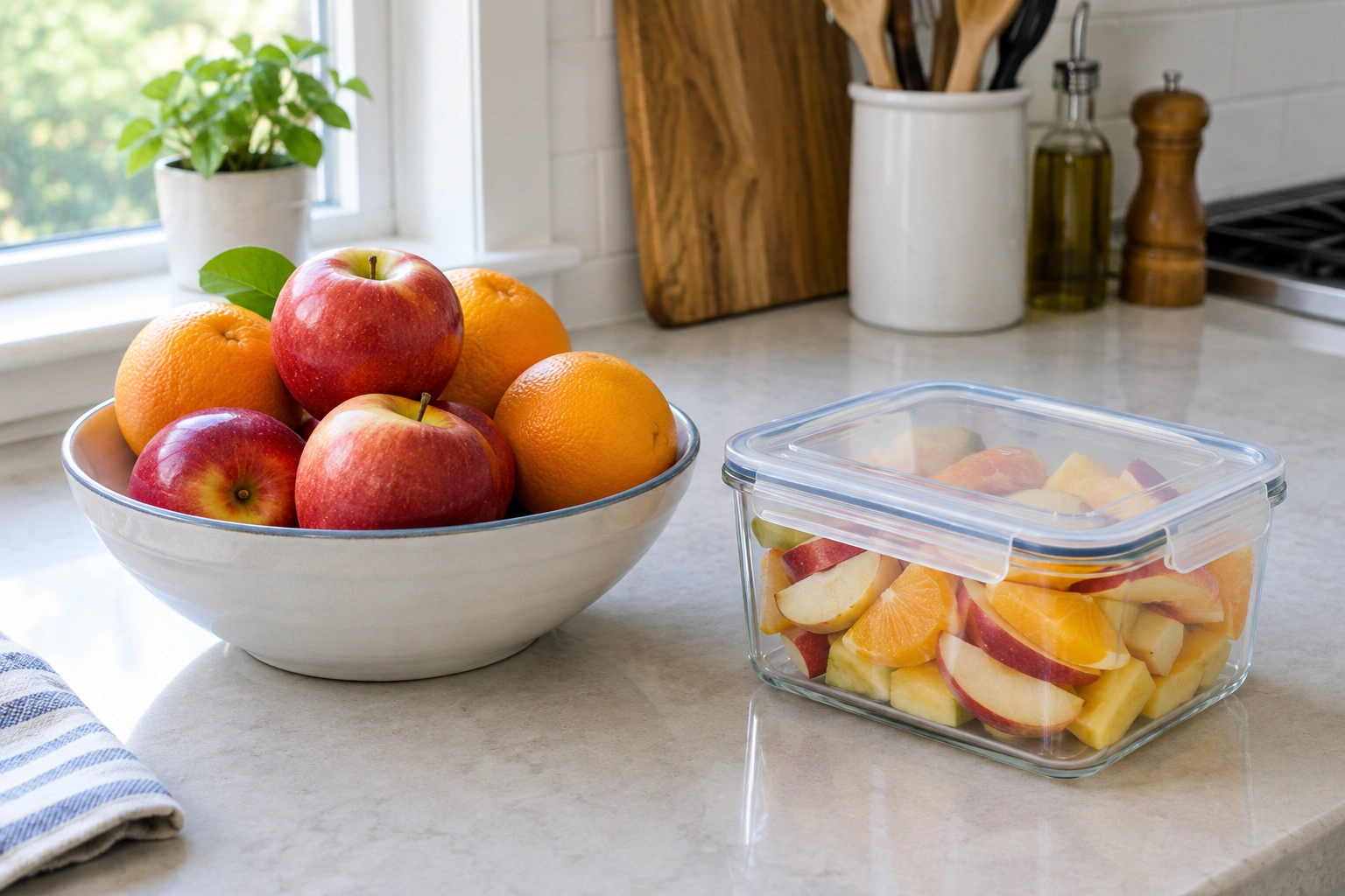 Kitchen counter with whole apples, oranges, and a covered container of sliced fruit