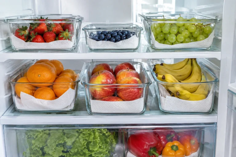 Glass containers of fresh fruit with paper towels in a refrigerator
