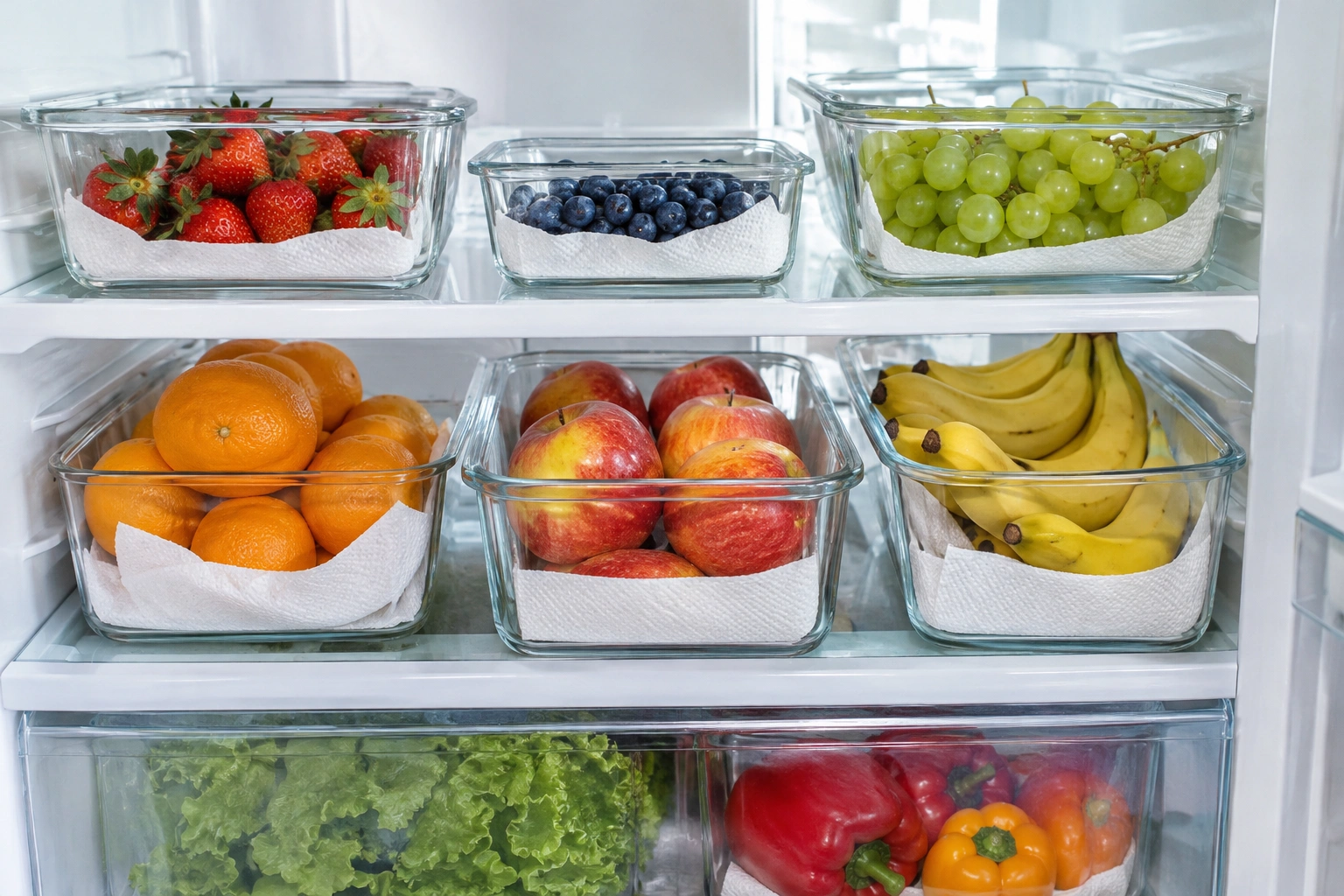 Glass containers of fresh fruit with paper towels in a refrigerator