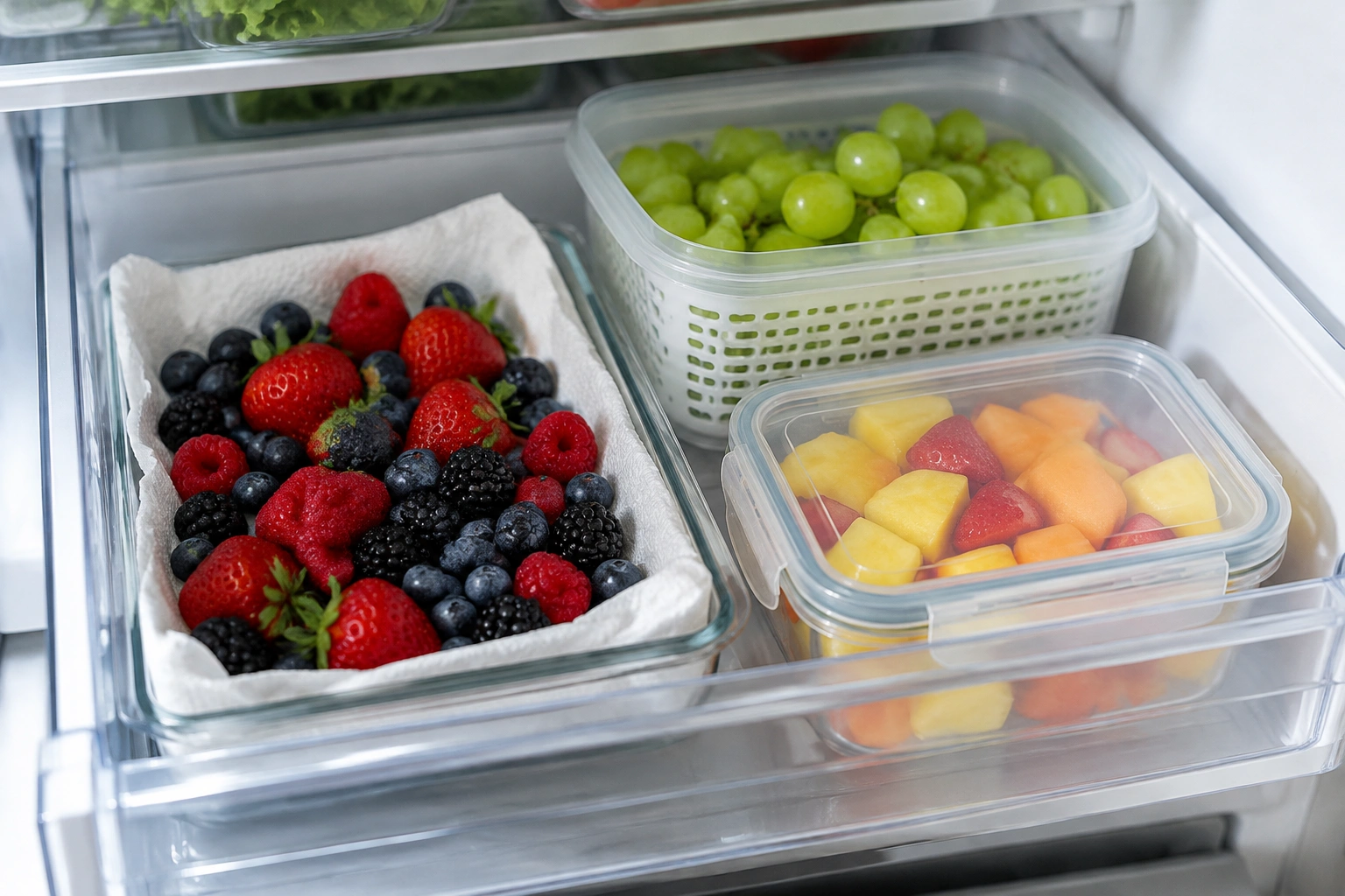 Shallow containers of fruit with paper towels in a refrigerator produce drawer