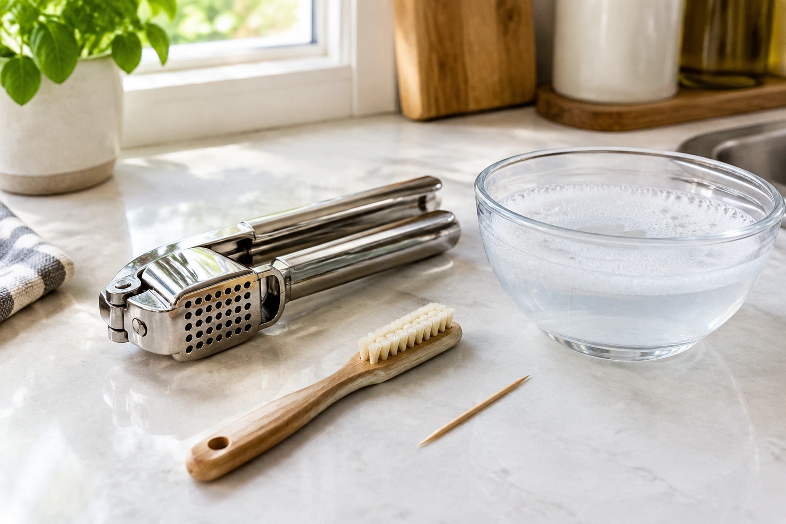Garlic press with a soft brush and toothpick beside it on a kitchen counter