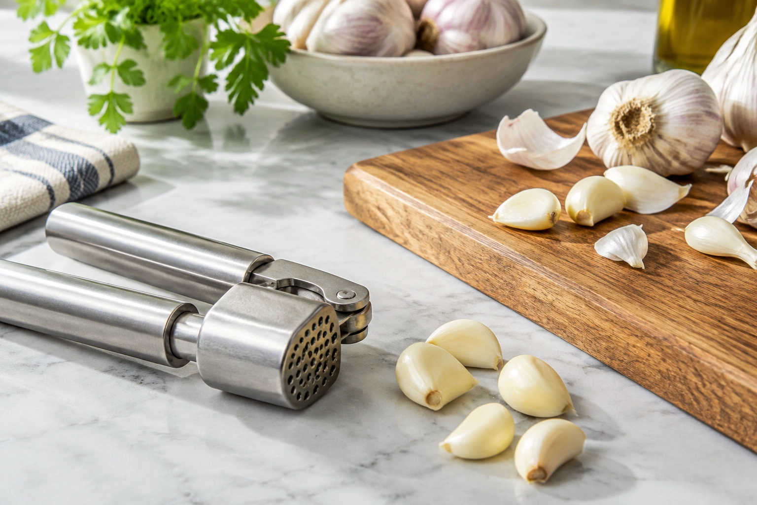 Garlic press with peeled garlic cloves on a cutting board