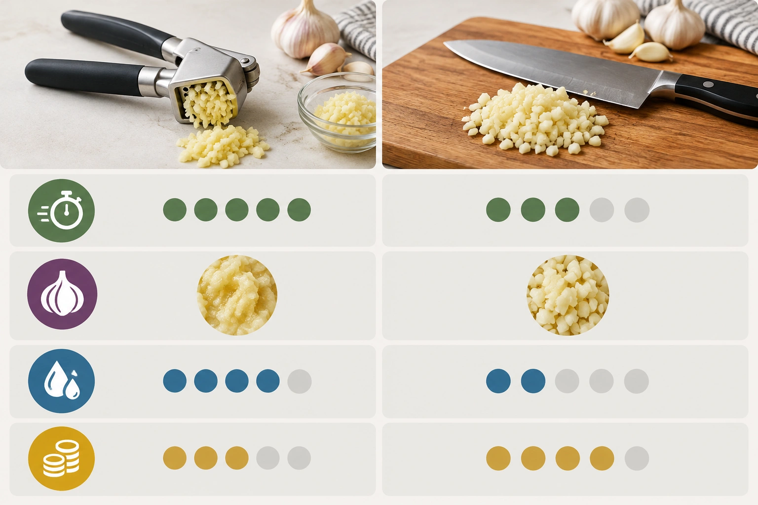 Comparison table showing garlic press versus knife mincing for speed, texture, cleanup, and cost